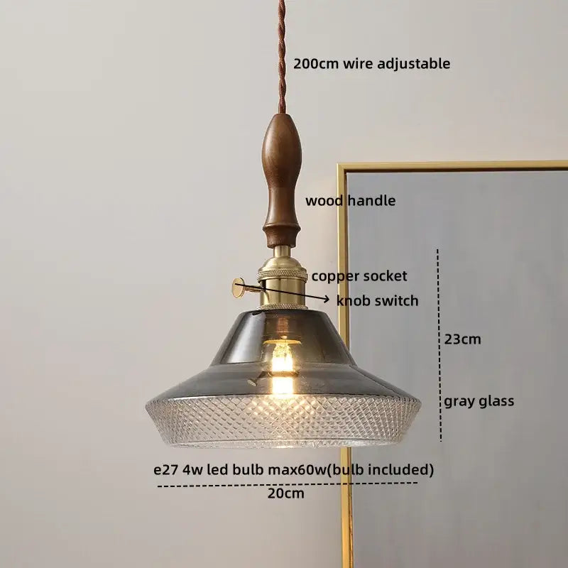 Modern bell ceramic led pendant light with wooden handle copper socket and textured gray glass shade for decorbites ceramic led pendant