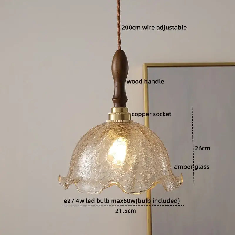 Modern bell ceramic led pendant light with warm amber crackled glass and wooden handle for decorbites ceramic led decor