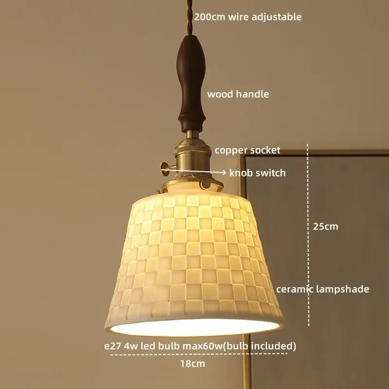 A warm-toned ceramic led pendant light with woven texture hangs from a wooden handle for modern decorbites ceramic led decor