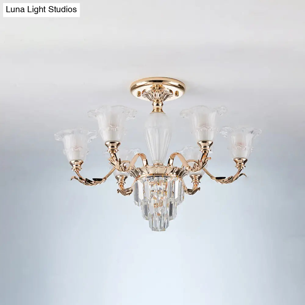 Lámpara de techo semiempotrada DecorBites™ Modern Bellflower de cristal esmerilado, color dorado con detalles de cristal.