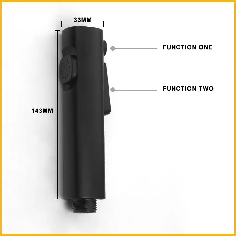 Black cylindrical bidet faucet showerhead with two functional buttons in modern bidet faucet set with coiled hose