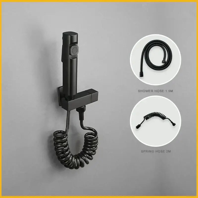 Modern bidet faucet set with black matte finish handheld bidet faucet and coiled hose for bathroom use