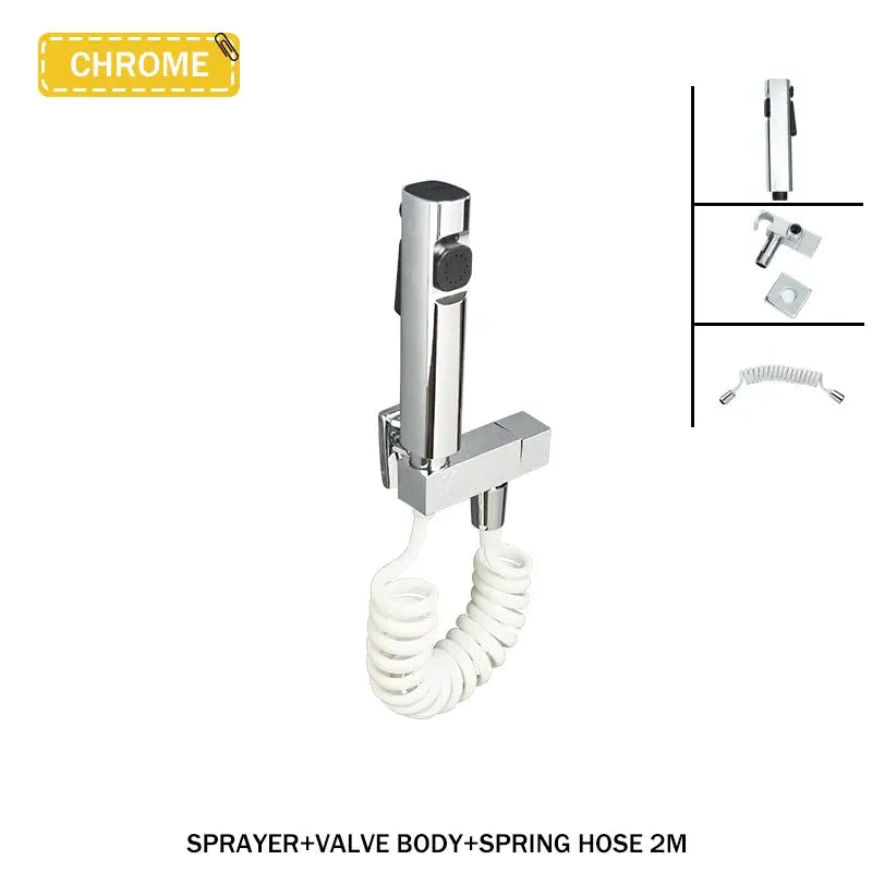 Modern bidet faucet set with chrome finished handheld shower sprayer and coiled white hose for bathroom use