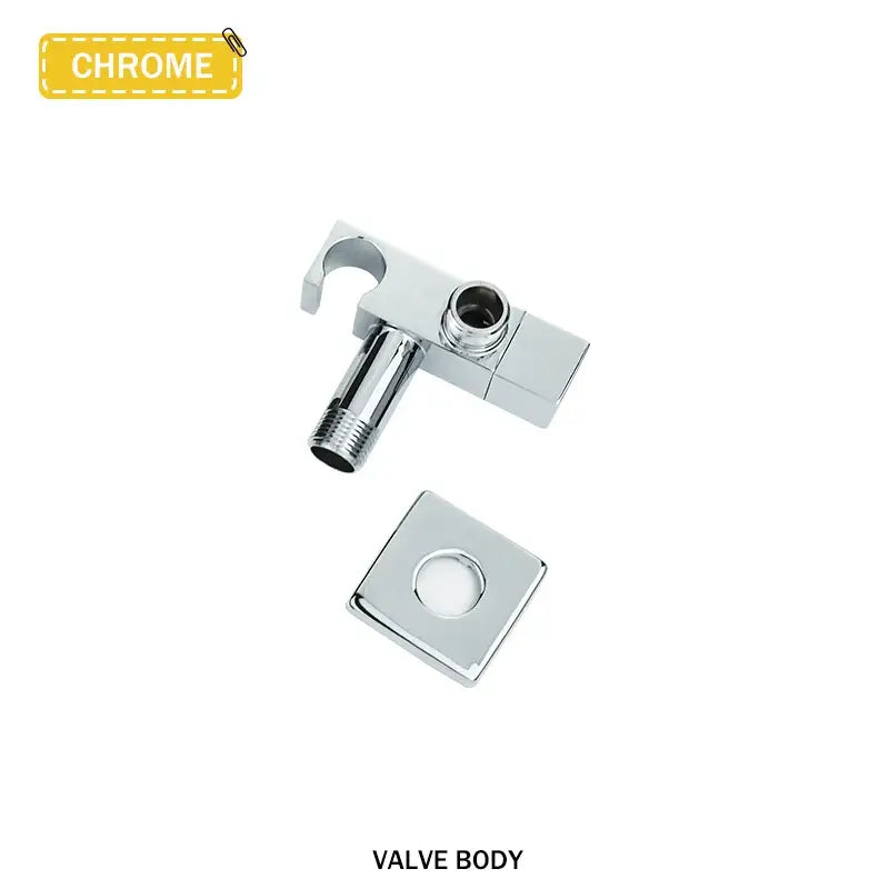 Chrome-finished t-shaped valve body with square plate and threaded connections for modern bidet faucet set use