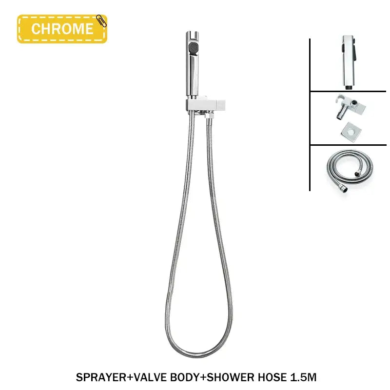 Modern bidet faucet set with chrome-finished handheld shower sprayer and flexible 1.5-meter hose faucet set
