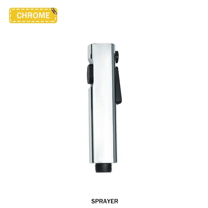 Chrome finished bidet faucet set with black plastic accents and threaded base designed for modern bathroom use