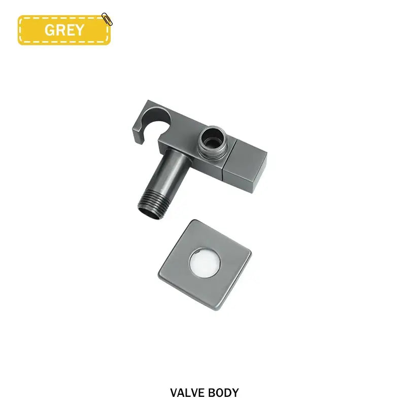 Grey matte-finished metal valve body with square plate and threaded connections for modern bidet faucet set