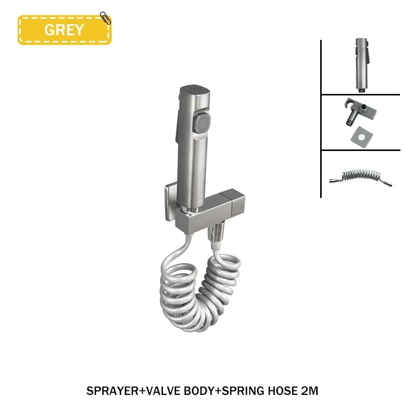 Modern bidet faucet set with grey metallic bidet faucet, coiled hose, and attached valve body for bathroom use