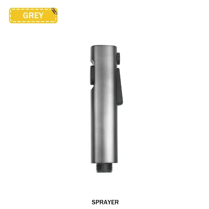Modern bidet faucet set featuring a grey metallic spray nozzle with a sleek cylindrical body and black plastic trigger mechanism