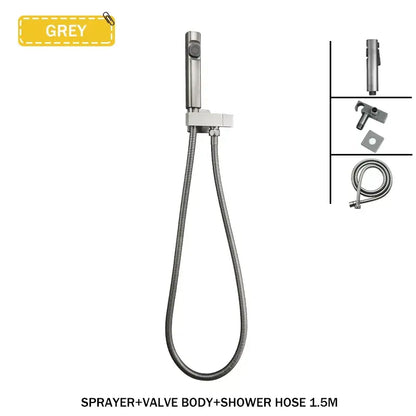 Modern bidet faucet set with grey stainless steel sprayer, flexible coiled hose, and valve body kit for bathroom use