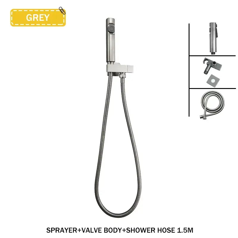 Modern bidet faucet set with grey stainless steel sprayer, flexible coiled hose, and valve body kit for bathroom use