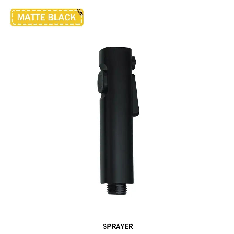 Matte black handheld shower sprayer with sleek cylindrical design and textured grip in modern bidet faucet set with coiled hose