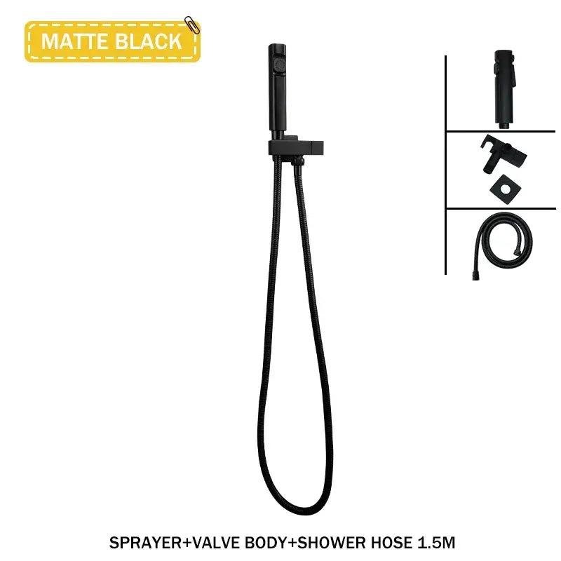 Matte black modern bidet faucet set with a 1.5-meter coiled flexible hose and sleek shower sprayer for bathroom use