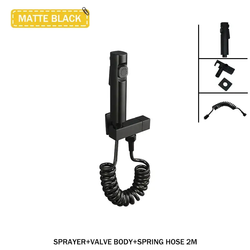 Matte black modern bidet faucet set with handheld shower sprayer, coiled spring hose, and included valve body for bathroom use