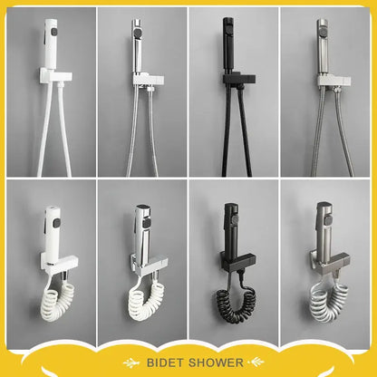 Modern bidet faucet set featuring sleek white chrome black and brushed steel bidet faucet with coiled hose for bathroom use