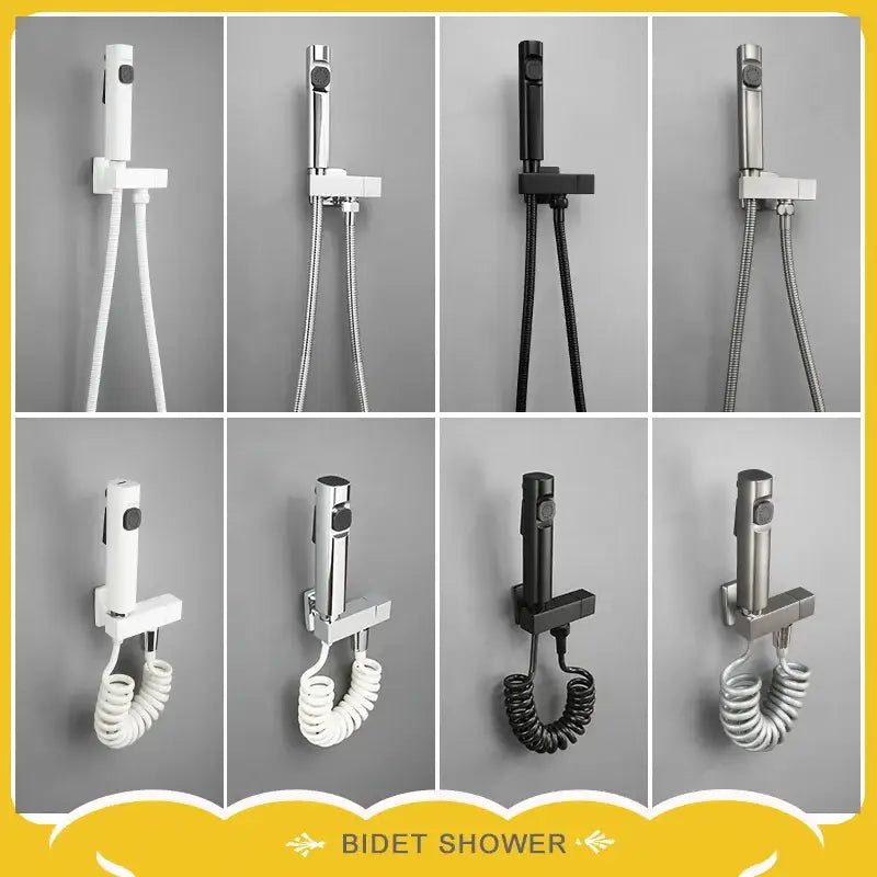 Modern bidet faucet set featuring sleek white chrome black and brushed steel bidet faucet with coiled hose for bathroom use