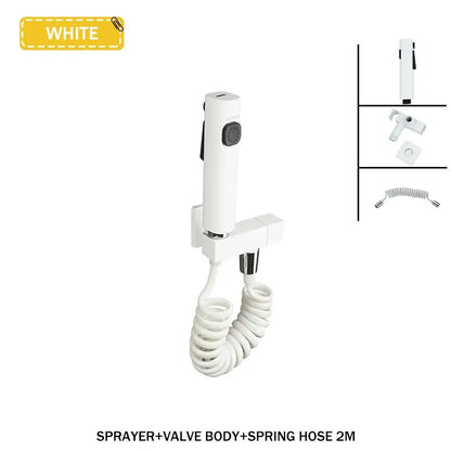 Modern bidet faucet set featuring a white handheld bidet faucet with coiled hose and black control knob for bathroom use