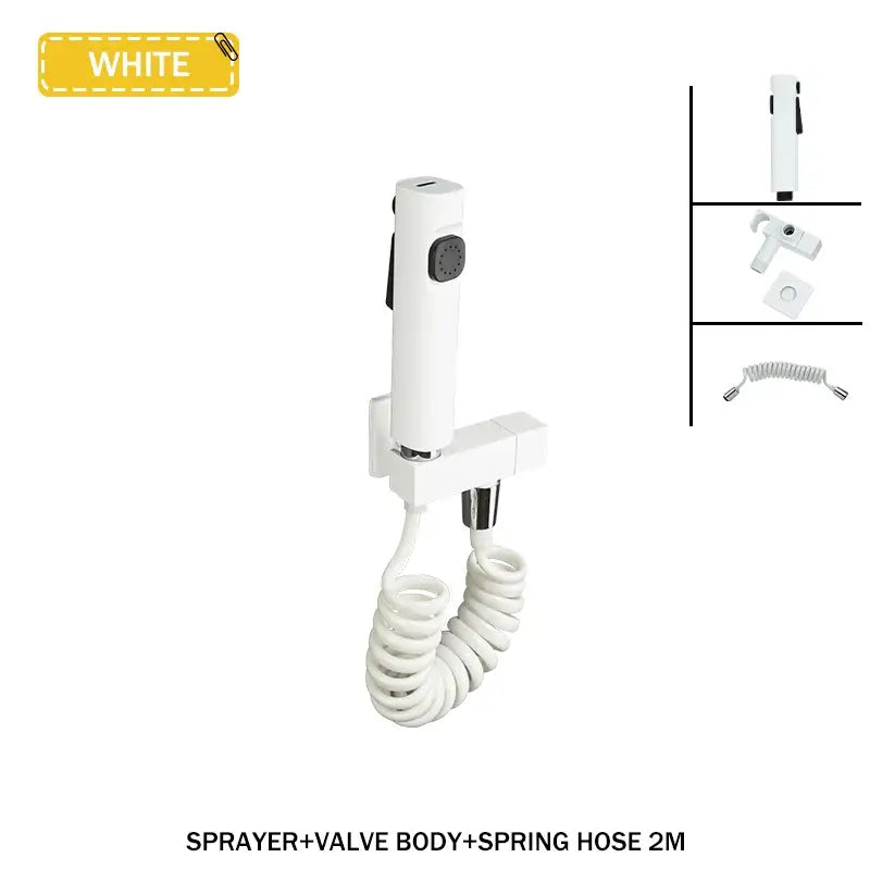 Modern bidet faucet set featuring a white handheld bidet faucet with coiled hose and black control knob for bathroom use