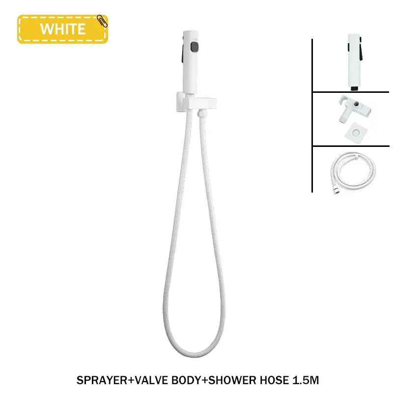 Modern white bidet faucet set with handheld shower sprayer, 1.5 meter flexible coiled hose, and matching valve body