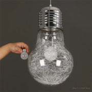 Modern big bulb led pendant light with clear glass and silver wire mesh interior chrome finish by decorbites big bulb