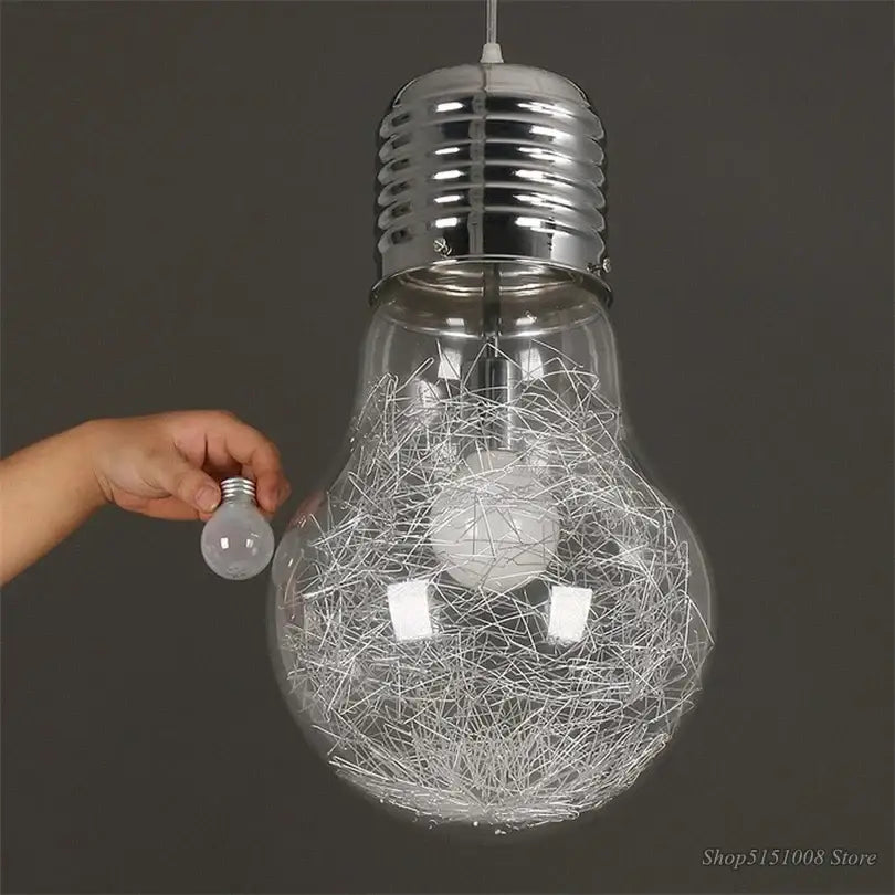 Modern big bulb led pendant light with clear glass and silver wire mesh interior chrome finish by decorbites big bulb