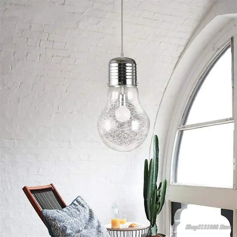 Modern big bulb led pendant light with clear glass, chrome metallic base, and intricate internal wirework for kitchen decorbites big bulb