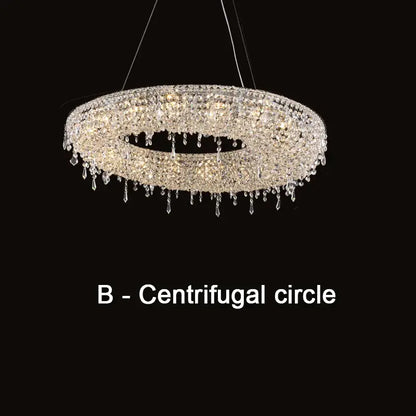 Modern bird nest crystal pendant chandelier with circular design and teardrop crystals illuminated by warm lights decorbites bird nest