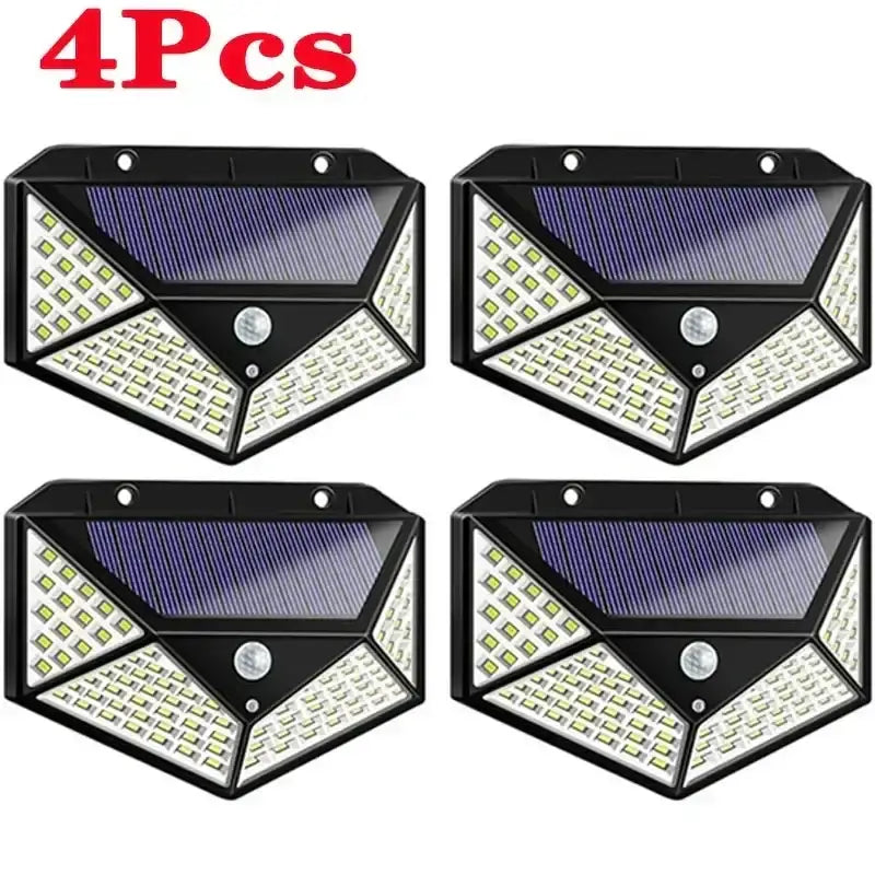 Modern black led solar wall lights with 100 leds and motion sensor for garden security in a triangular design