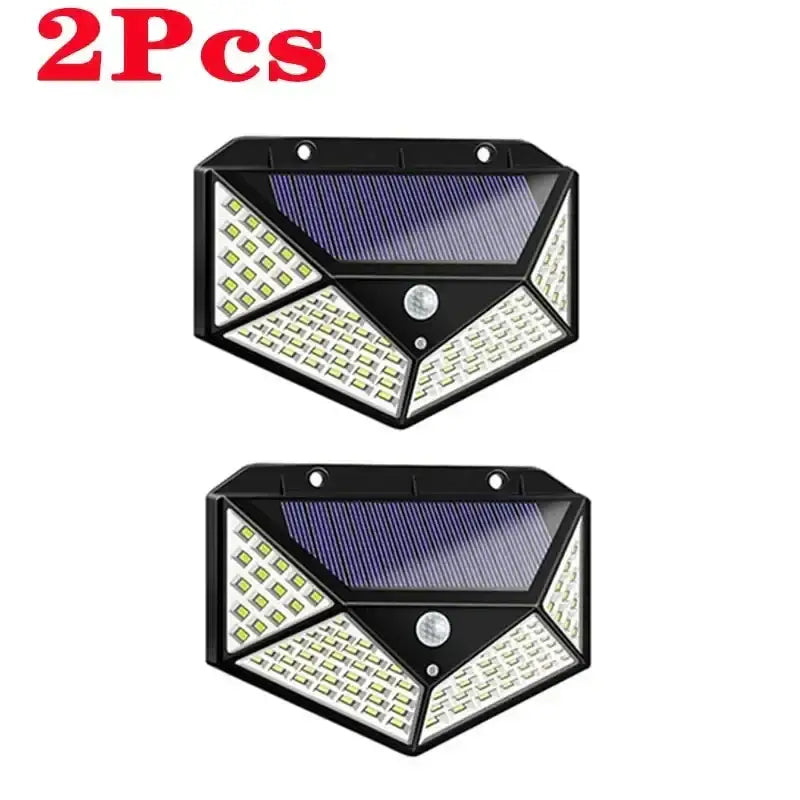 Modern black 100 led solar wall lights with triangular design and motion sensor featuring white leds and purple solar panel