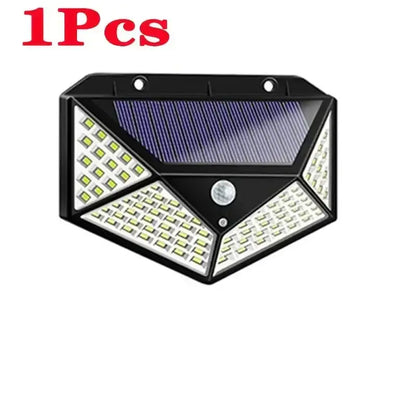 Modern black 100 led solar wall lights with triangular solar panel and motion sensor for garden security use