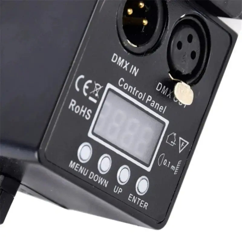 Black plastic dmx control panel with digital display and ports on back of decorbites 10w rgbw stage pinspot light