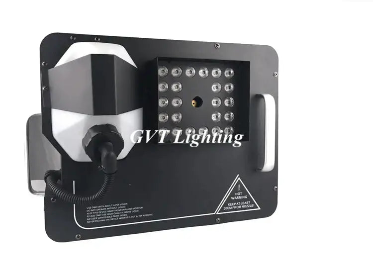 Modern black 1500w rgb led fog machine with a grid of led lights on the front panel for party room special effects