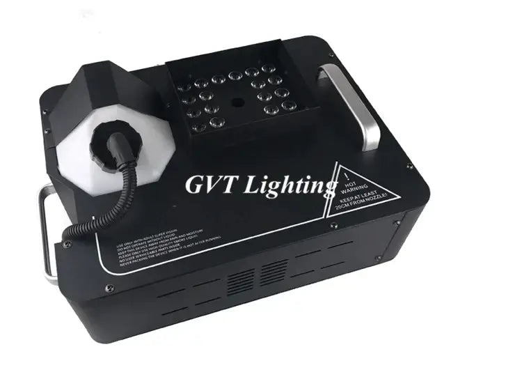Modern black 1500w rgb led fog machine with white hexagonal nozzle and silver handles for party room special effects