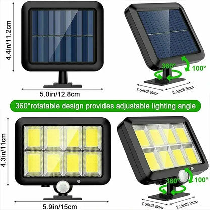 Modern black 160cob solar outdoor wall light with adjustable 360-degree rotation and motion sensor for garden use