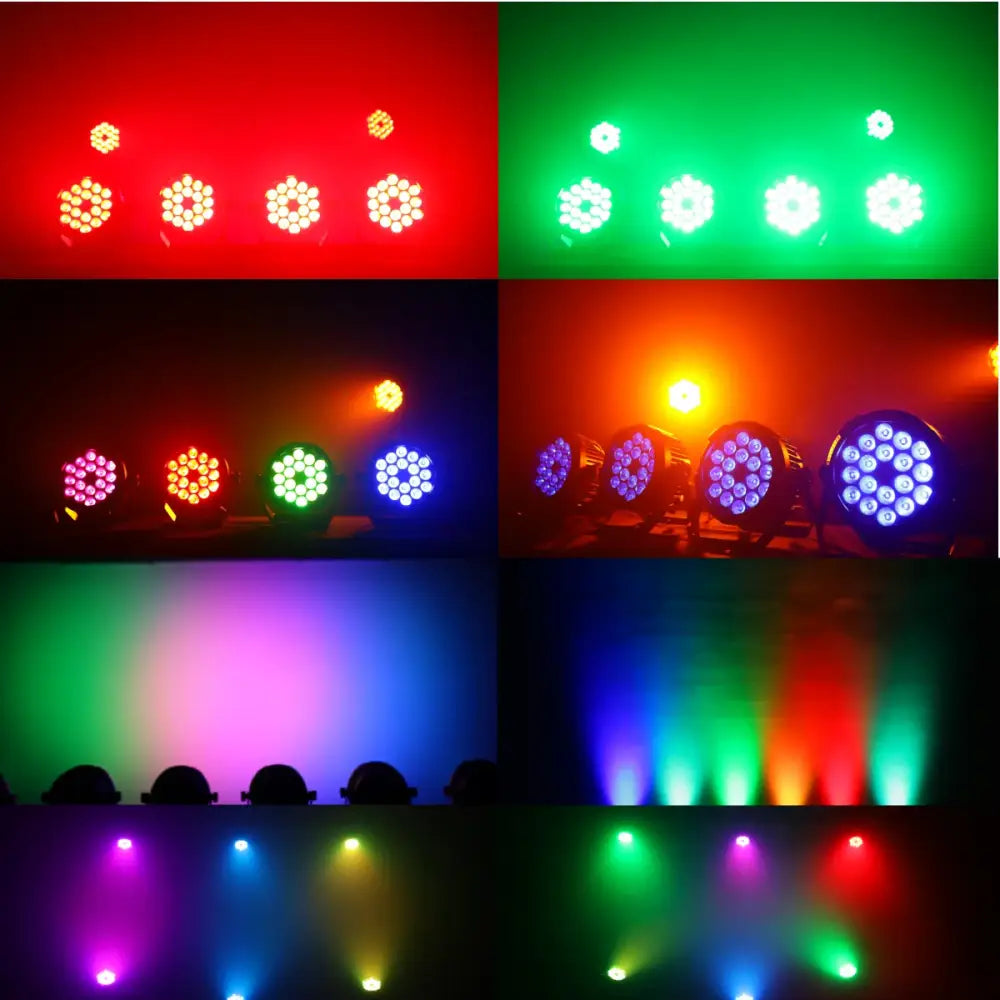 Modern black 18x18w rgbwa uv 6in1 led par lights emitting vibrant red green blue and multicolored beams for party decor