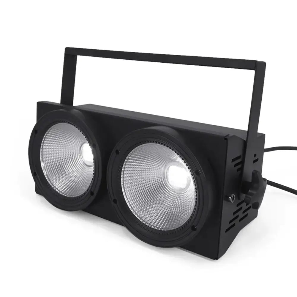 Modern black 200w cob led par blinder with dual heads, textured silver reflectors, and sturdy top handle for stage use