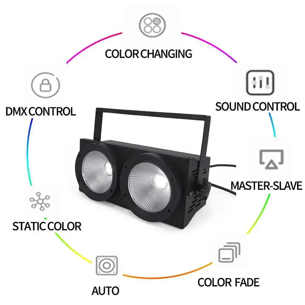 Modern black 200w cob led par blinder with dual-head color-changing and dmx control for disco dj stage lighting