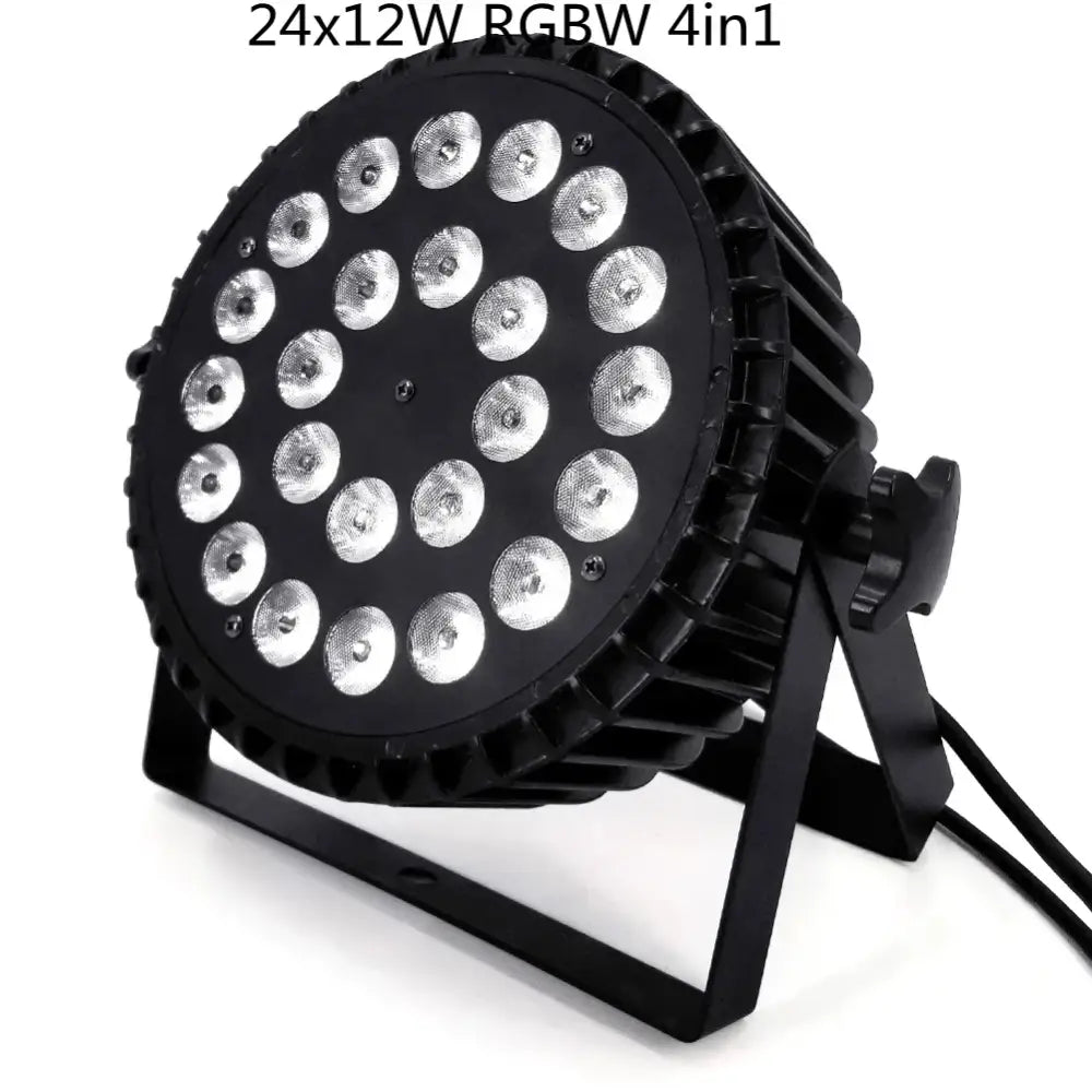 Modern black 24x18w led par light featuring rgbwa uv 6in1 circular leds and heat-dissipating fins for stage lighting