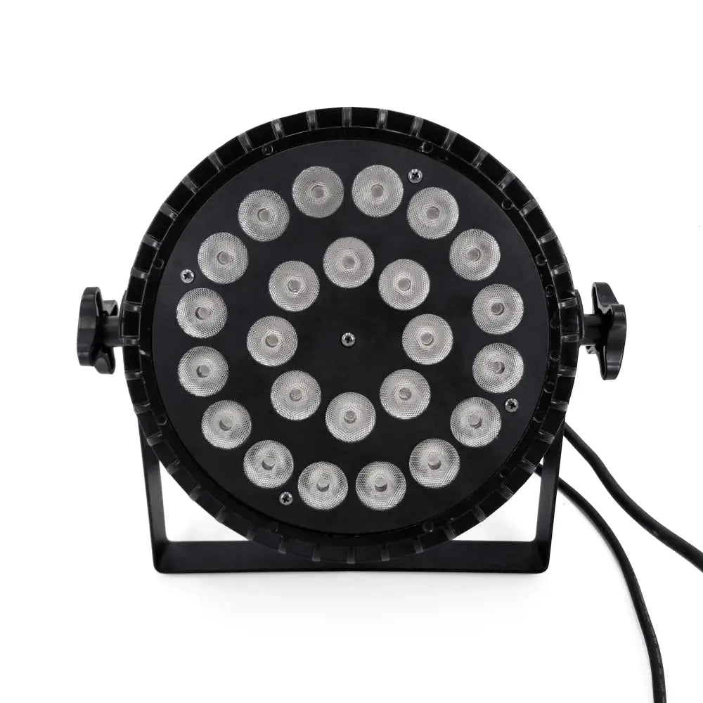 Black circular led par light with 24x18w rgbwa uv 6in1 bulbs arranged in a grid for stage dmx wash lighting