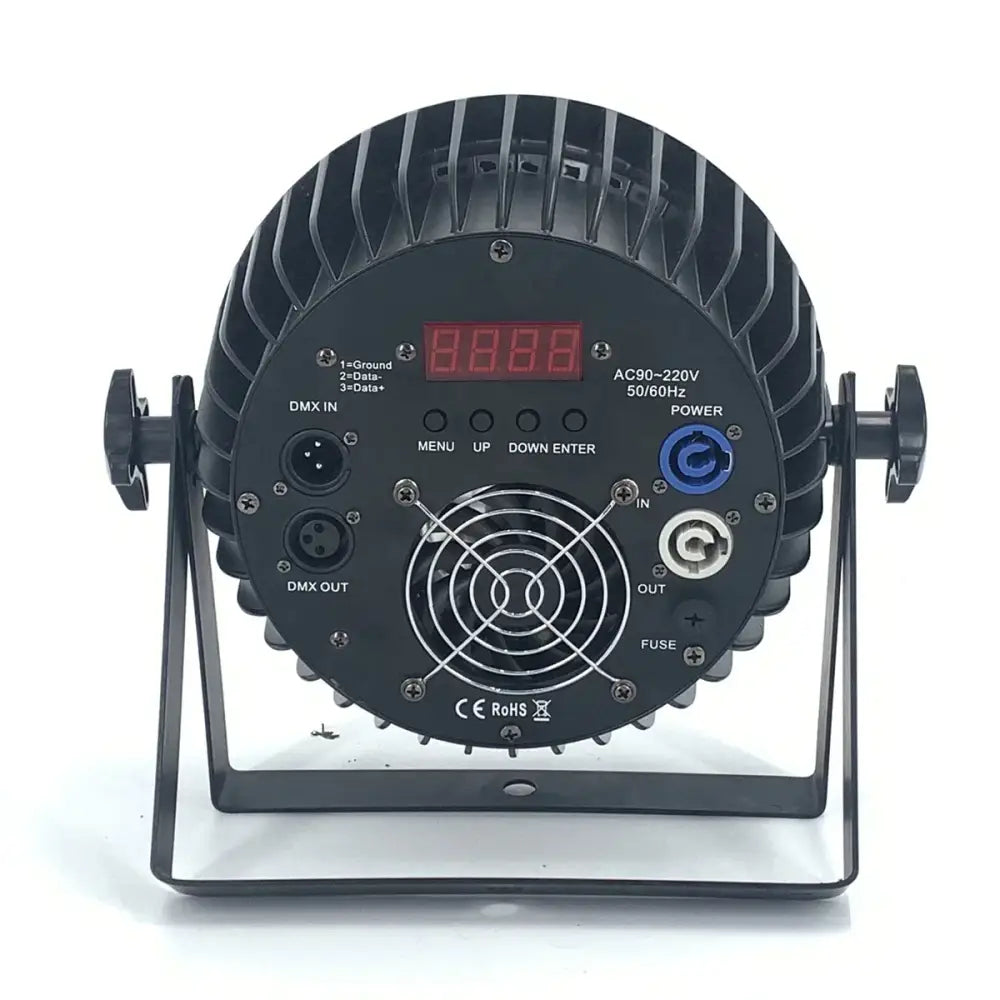Modern black 24x18w led par light with rgbwa uv 6in1 features ribbed heat sink digital display and multiple dmx control ports