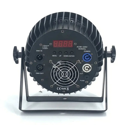 Modern black 24x18w led par light with rgbwa uv 6in1 features ribbed heat sink digital display and multiple dmx control ports