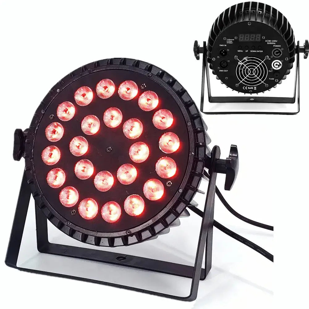 Modern black 24x18w led par light with 24 red illuminated bulbs featuring rgbwa uv 6in1 for stage wash lighting