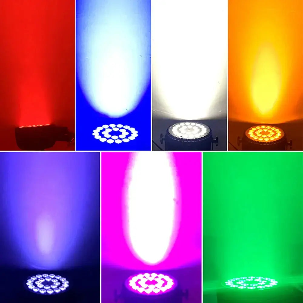 Modern black 24x18w led par light with rgbwa uv 6in1 circular array emitting vibrant multicolor beams in black housing