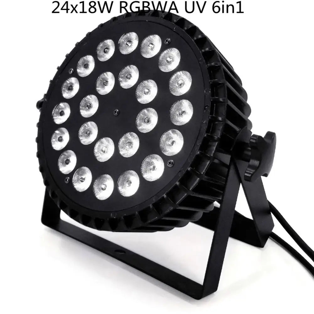 Modern black 24x18w rgbwa uv 6in1 led par light with circular bright leds and ridged heat-dissipating sides for stage use