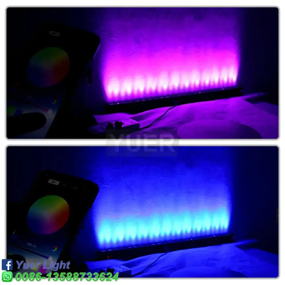 Modern black 24x4w 4in1 rgbw led wall wash stage light bar emitting vibrant purple and blue hues for ambiance or photography