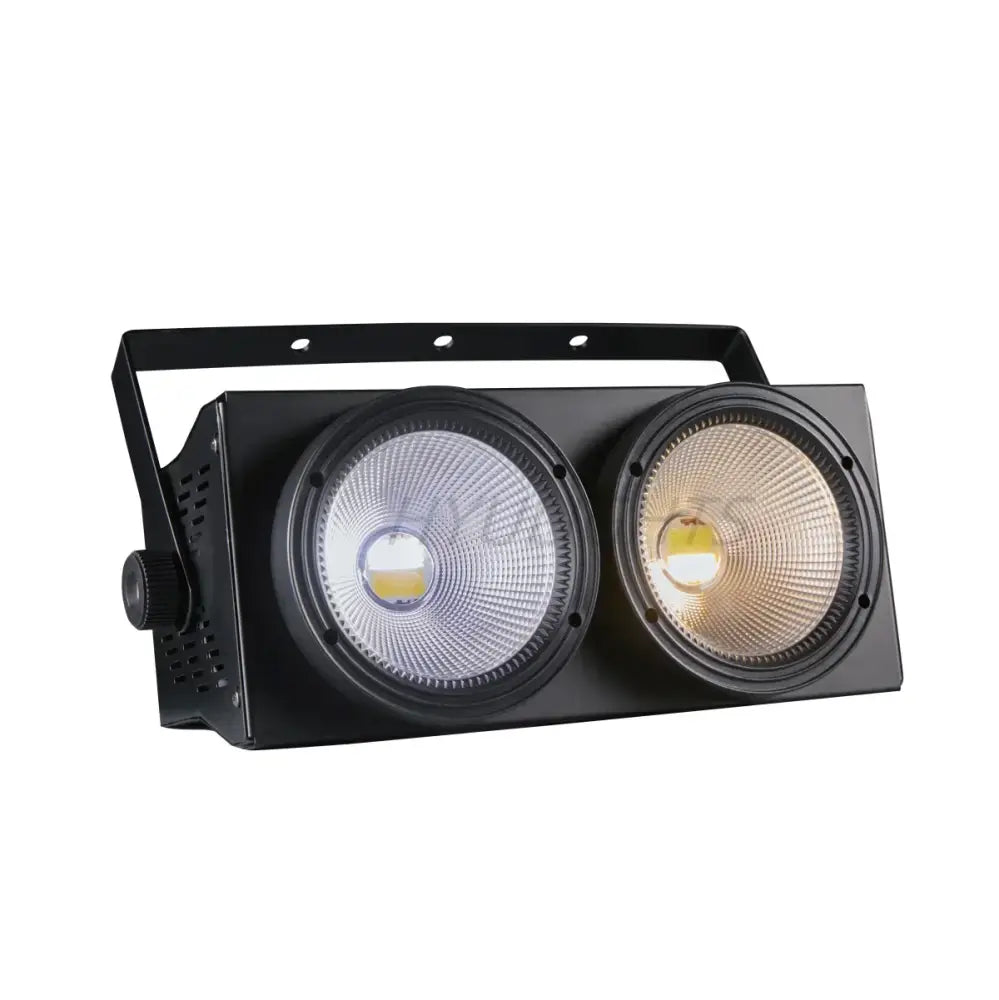 Modern black 2eyes cob led audience light with dual circular fixtures emitting white and warm yellow illumination for living room disco strobe