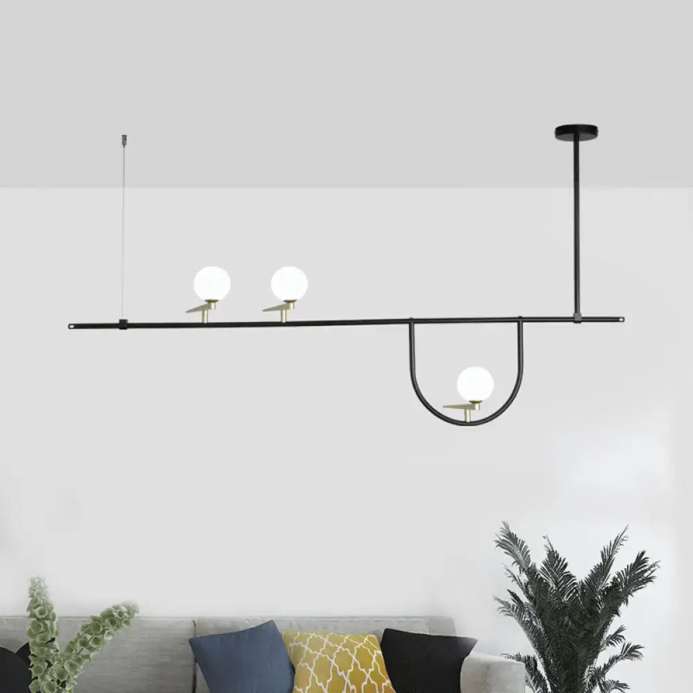 Modern black 3 head kitchen island light with spherical white opal glass shade pendant design