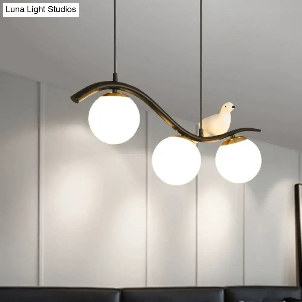 DecorBites™ modern 3-head black island pendant lamp with sleek metal frame clear white ball shade hanging and pigeon decor