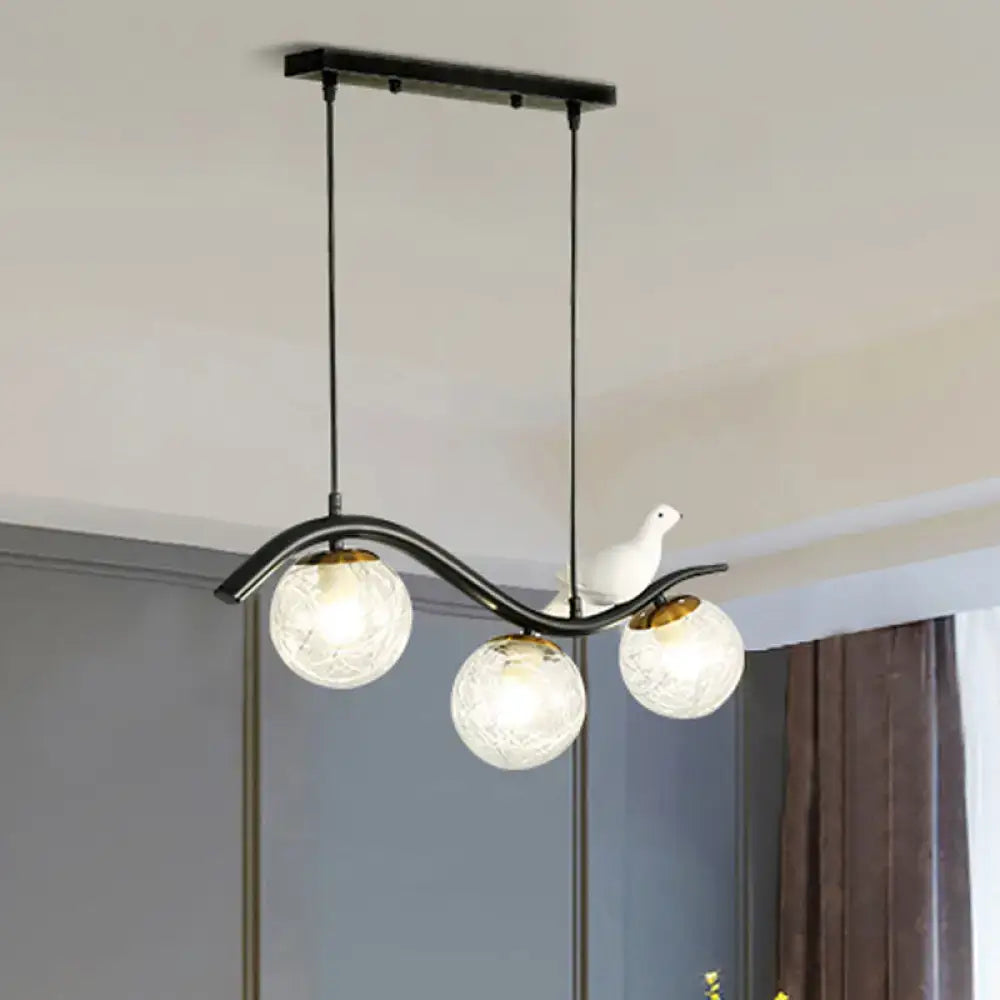 Decorbites™ modern black metal pendant light with three frosted ball shade hanging bulbs and white ceramic pigeon decor