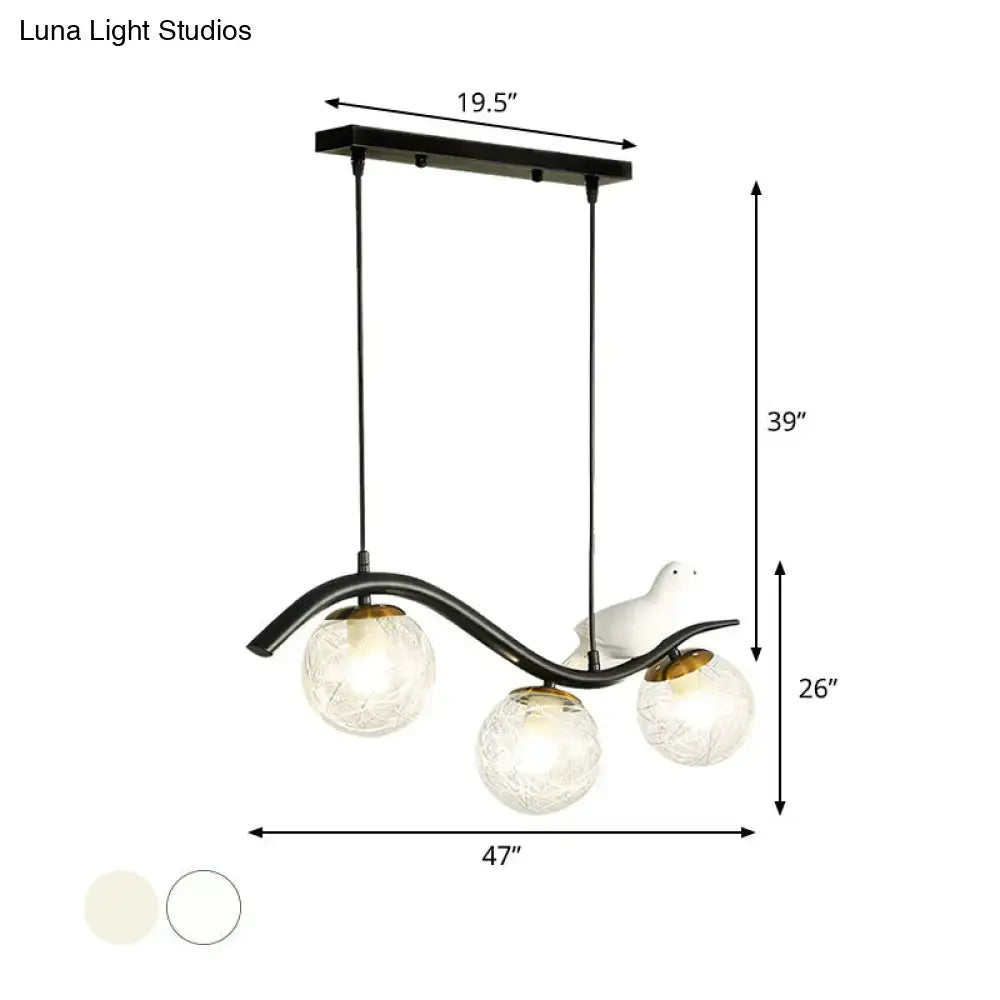 Decorbites modern black metal chandelier with three clear white ball shade hanging lights and white ceramic pigeon decor